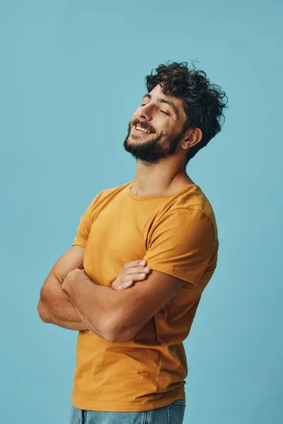 Studio photogenic lifestyle background adult young looking guy cheerful beard face happiness men attractive smile expression white happy modern person portrait caucasian model