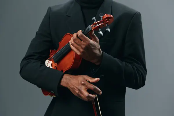 African American Man Stylish Turtleneck Black Suit Posing Violin Hand — Stock Photo, Image