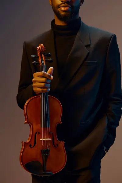 Elegant African American Man Tuxedo Playing Violin Front Him Gray — Stock Photo, Image