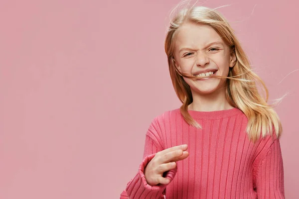 Happy Schoolgirl Stylish Pink Backpack Beautiful Fashionable Young Girl Big — Stock Photo, Image