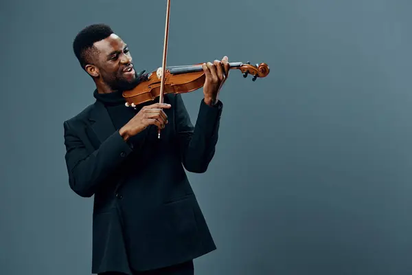 Talented African American Man Stylish Suit Playing Violin Passion Neutral — Stock Photo, Image