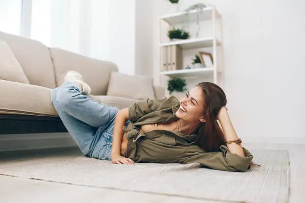 Cozy Apartment Lying Modern Sofa Happy Woman Relaxing Peaceful Living — Stock Photo, Image