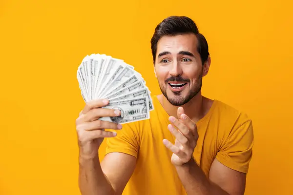 Cash Man Dollar Rijkdom Glimlachende Studio Valuta Besparen Hand Geel — Stockfoto