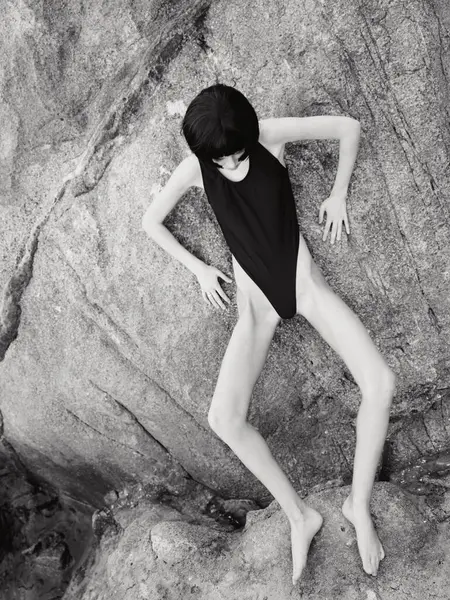 Seductive Summer Beautiful Woman Black White Swimwear Embracing Sensuality Rock Stok Foto