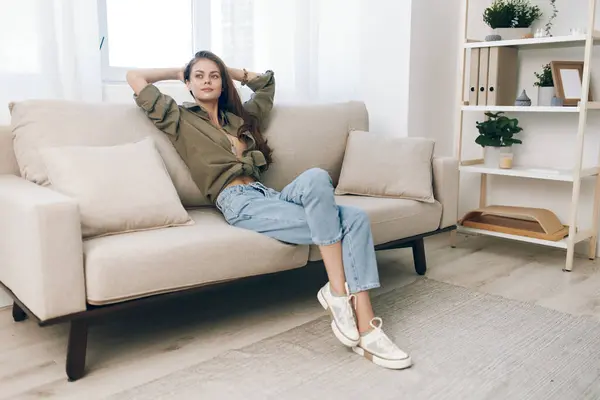 Cosy Apartment Relaxing Woman Modern Sofa Happy Home Stok Gambar Bebas Royalti