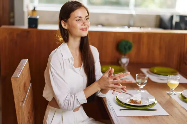 Happy Woman Enjoying Romantic Dinner Stylish Dining Table — Stock Photo, Image
