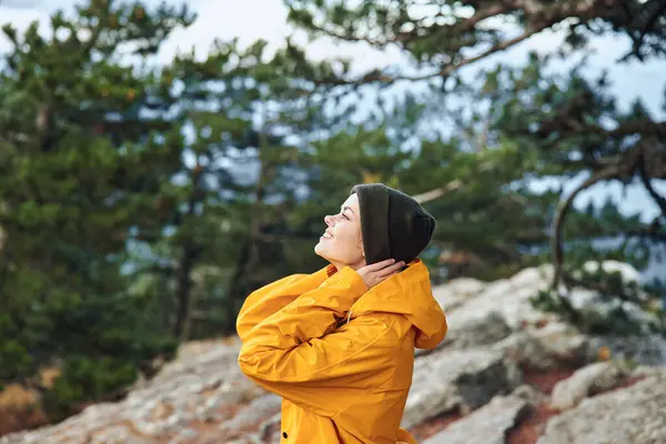 Sarı yağmurluklu bir kadın ağaçlarla çevrili görkemli bir dağın tepesinden nefes kesici manzaranın tadını çıkarıyor.