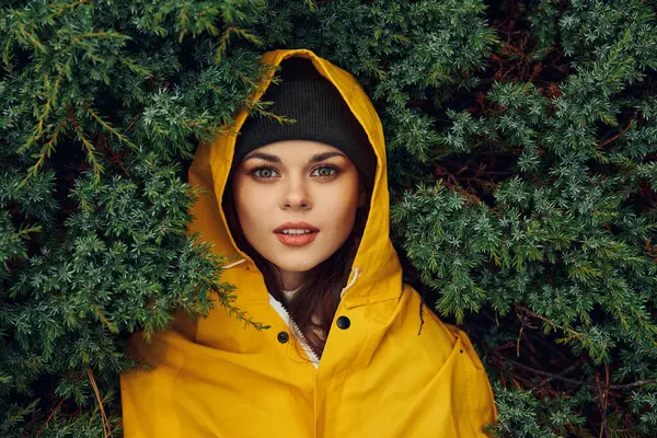 Sarı yağmurluklu genç bir kadın dingin bir ormanda yeşil ağaçların arkasında saklanıyor. Seyahat, moda, güzellik, doğa...