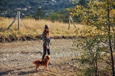 Huzurlu ormanda köpeğiyle huzurlu bir yürüyüş yapan bir kadın. Arka planda kırsal bir çit var.