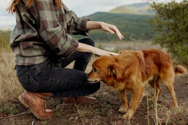 Doğa yolculuğundaki görkemli dağlara bakan yemyeşil tepede köpekle huzurlu bir anın tadını çıkaran kadın.