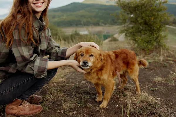 Resimli bir tarlada arka planda görkemli dağlar olan bir köpeği okşayan bir kadın.