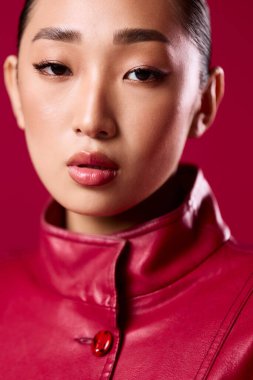 Kırmızı deri ceketli Asyalı esmer kadın portre için kırmızı arka planda poz veriyor. Asyalı genç bir manken için şık ve modaya uygun bir görünüm..