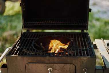 Canlı alevleri olan dinamik bir barbekü ızgarası, açık hava yemek pişirme, ızgara teknikleri ve aile ve arkadaşlarla yaz yemeklerinin keyfi yemek fotoğrafçılığı için mükemmel.