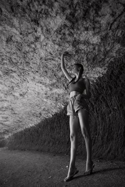 Görkemli kaya duvarının önünde siyah beyaz bir fotoğrafla duran kadın seyahat ve macera için ilham kaynağı.