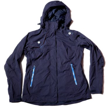 Beyaz arkaplanda mavi kadın kayak ceketi