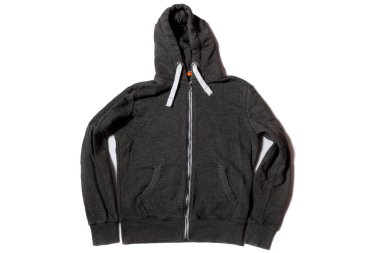 Beyaz arka planda gri uzun kollu kapüşonlu ceket.