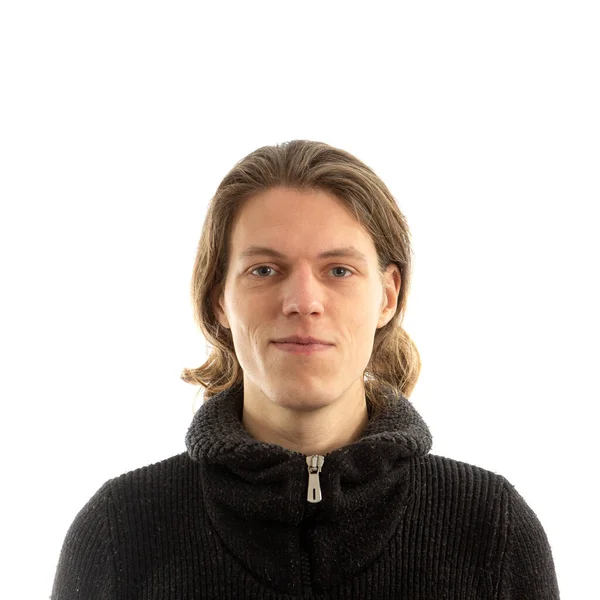 Portrait Jeune Homme Aux Cheveux Longs Sur Fond Blanc — Photo