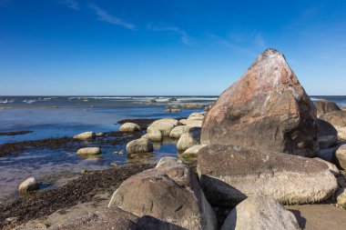 Baltık Denizi 'nde alışılmadık derecede düşük su seviyesi. Tüm kıyı kayaları görülebilir..