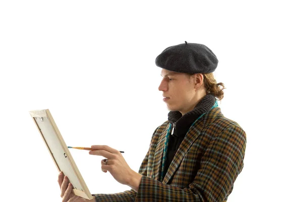 Young Smiling Artist Beret His Head White Background — Stock Photo, Image