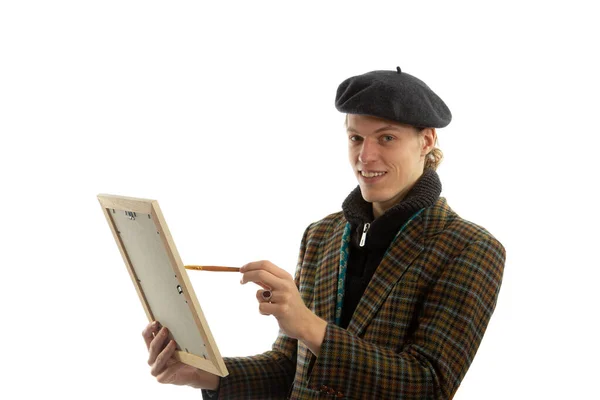 Young Smiling Artist Beret His Head White Background — Stock Photo, Image