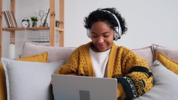 African American Girl Using Laptop Computer Having Video Chat Home — Video