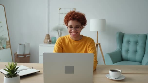 African American Girl Using Laptop Home Office Looking Screen Typing — Video