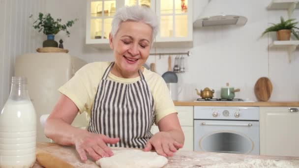 Bonne Femme Âgée Cuisinant Dans Cuisine Élégant Vieux Mature Cheveux — Video