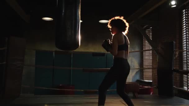 Poder Femenino Autodefensa Femenina Mujer Afroamericana Entrenando Puñetazos Ring Boxeo — Vídeos de Stock