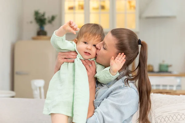 Happy Family Home Mother Lifting Air Little Toddler Child Daughter — Stock Photo, Image