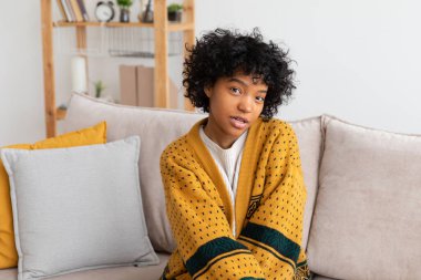 Afro saç stili güzel Afro-Amerikalı kız evde kanepede oturmuş gülümsüyor. Kıvırcık saçlı, gülen genç bir Afrikalı kadın. Özgürlük mutluluğu tasasız mutlu insanlar konsepti