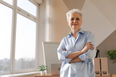 İş yerinde kendine güveni tam orta yaşlı Avrupalı bir kadının portresi. Modern ofisteki yaşlı, şık, 60 'lı yaşlarda, beyaz saçlı, bayan iş kadını. Patron öğretmen profesyonel işçi.