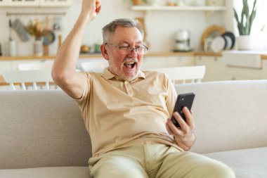 Orta yaşlı son sınıf öğrencisi, akıllı telefonuyla çok mutlu. Yaşlı, olgun büyükbaba cep telefonuna bakıyor. Harika haberler okuyor. İnternetteki ihaleyi kazanırken çok şaşırdı. Kazanan jest