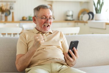 Orta yaşlı son sınıf öğrencisi, akıllı telefonuyla çok mutlu. Yaşlı, olgun büyükbaba cep telefonuna bakıyor. Harika haberler okuyor. İnternetteki ihaleyi kazanırken çok şaşırdı. Kazanan jest