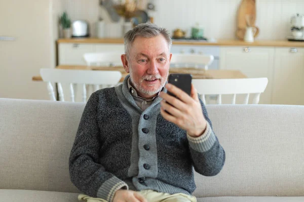 Happy Middle Aged Senior Man Talk Video Call Friends Family — Stock Photo, Image