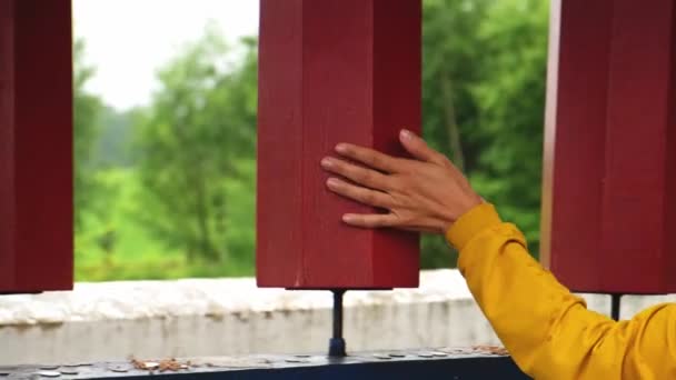 Людина Паломниця Жіночої Руки Торкається Повороту Обертання Буддійського Молитовного Колеса — стокове відео