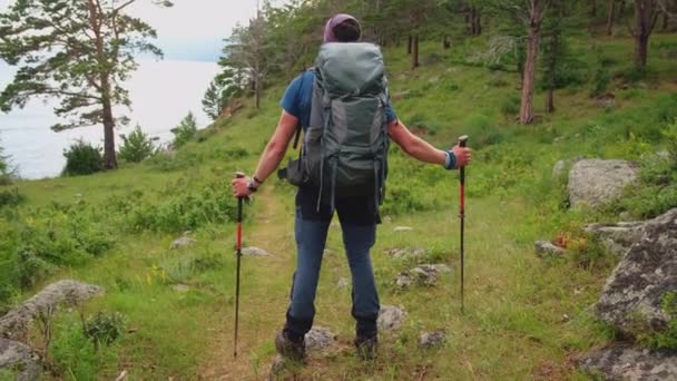 Turystyka Piesza Przygoda Backpacker Turysta Patrzy Piękny Widok Turysta Plecakiem — Wideo stockowe