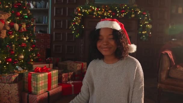 Feliz Natal Mulher Afro Americana Sorrindo Perto Árvore Natal Interior — Vídeo de Stock