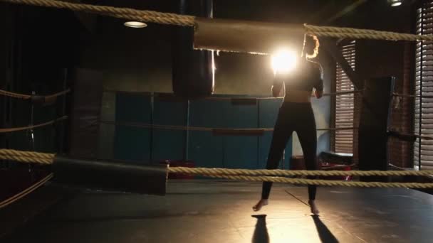 女人自卫女孩的权力 非洲裔美国妇女战斗人员在拳击台上训练拳 健康强壮的女孩打拳击袋 拳击训练日 力量适合体能训练 — 图库视频影像