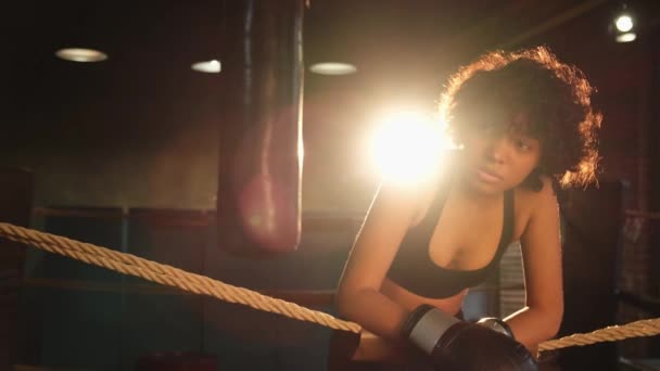 Kvinna Kämpe Flicka Makt Afrikansk Amerikansk Kvinna Fighter Med Boxningshandskar — Stockvideo
