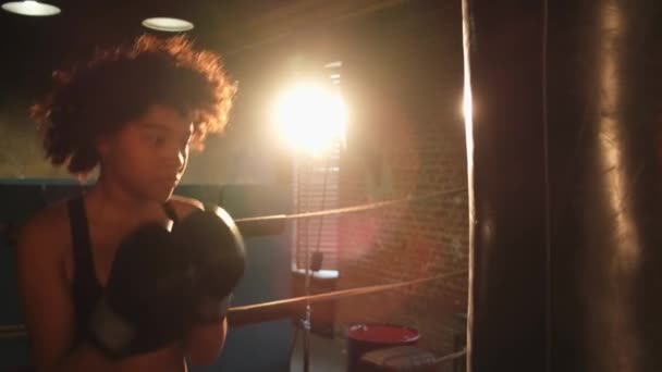 Poder Femenino Autodefensa Femenina Mujer Afroamericana Entrenando Puñetazos Ring Boxeo — Vídeo de stock