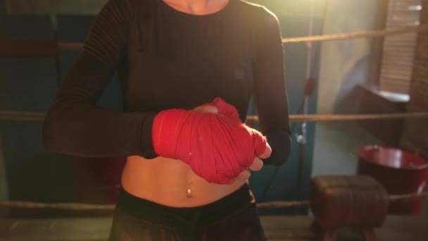 Women Self Defense Girl Power Woman Fighter Preparing Fight Wrapping — Stock Video