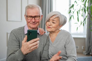 Görüntülü arama. Akıllı telefonlu mutlu son sınıf kadın erkek video görüşmesi yapıyor. Olgun yaşlı büyükbaba internette konuşuyor. Eski nesil modern teknoloji kullanımı. Sanal toplantı çevrimiçi sohbet