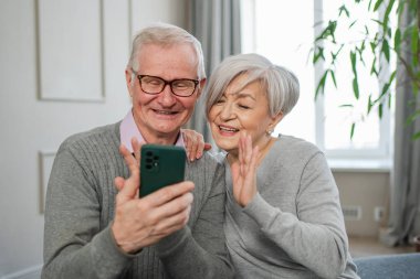 Görüntülü arama. Akıllı telefonlu mutlu son sınıf kadın erkek video görüşmesi yapıyor. Olgun yaşlı büyükbaba internette konuşuyor. Eski nesil modern teknoloji kullanımı. Sanal toplantı çevrimiçi sohbet
