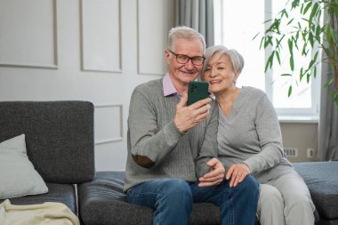 Görüntülü arama. Akıllı telefonlu mutlu son sınıf kadın erkek video görüşmesi yapıyor. Olgun yaşlı büyükbaba internette konuşuyor. Eski nesil modern teknoloji kullanımı. Sanal toplantı çevrimiçi sohbet