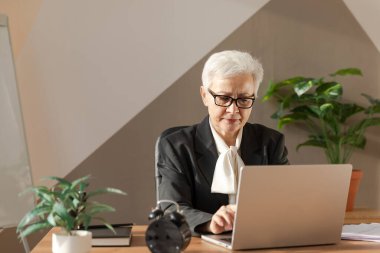 Confident stylish european middle aged senior woman using laptop at workplace. Stylish older mature 60s gray haired lady businesswoman sitting at office table. Boss leader teacher professional worker