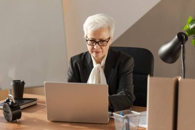 Confident stylish european middle aged senior woman using laptop at workplace. Stylish older mature 60s gray haired lady businesswoman sitting at office table. Boss leader teacher professional worker