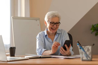İş yerinde akıllı telefon kullanan kendine güvenen Avrupalı orta yaşlı bir kadın. Tarz sahibi, olgun, 60 'lı yaşlarda, ofisinde cep telefonu olan beyaz saçlı bir iş kadını. Patron internet uygulamaları kullanıyor