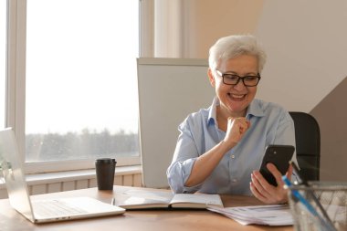 Confident stylish european middle aged senior woman using smartphone at workplace. Stylish older mature 60s gray haired lady businesswoman with cell phone in office. Boss leader using internet apps