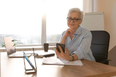 Confident stylish european middle aged senior woman using smartphone at workplace. Stylish older mature 60s gray haired lady businesswoman with cell phone in office. Boss leader using internet apps