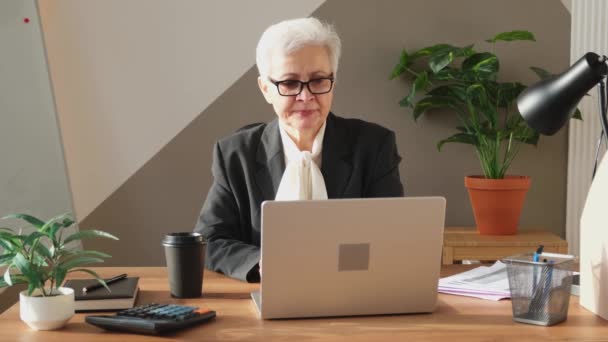 Mujer Mayor Mediana Edad Líder Jefe Discutiendo Con Equipo Reunión — Vídeos de Stock